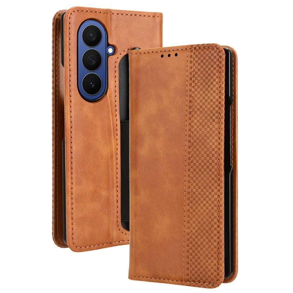 For Samsung Galaxy Z Fold7 5G Case with Pencil Holder Retro PU Leather Phone Cover - Brown