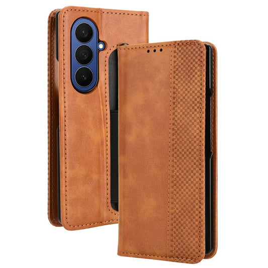 For Samsung Galaxy Z Fold7 5G Case with Pencil Holder Retro PU Leather Phone Cover - Brown