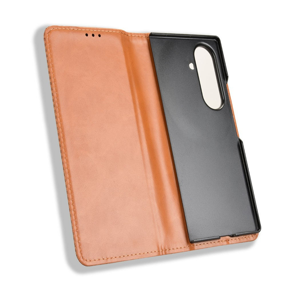 For Samsung Galaxy Z Fold7 5G Case with Pencil Holder Retro PU Leather Phone Cover - Brown