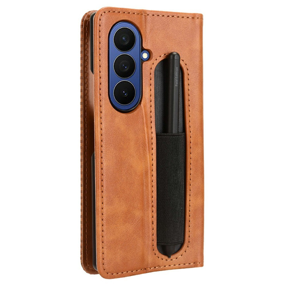 For Samsung Galaxy Z Fold7 5G Case with Pencil Holder Retro PU Leather Phone Cover - Brown