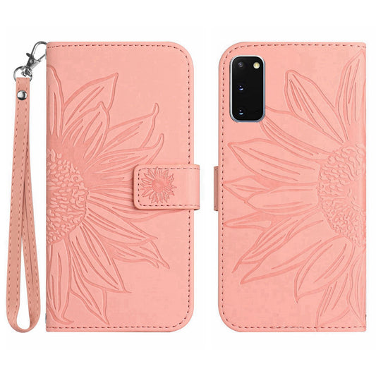 For Samsung Galaxy S20 4G / 5G HT04 Phone Case, Fully Wrapped Skin-Touch PU Leather Imprinted Sunflower Stand Wallet Cover with Hand Strap - Light Pink