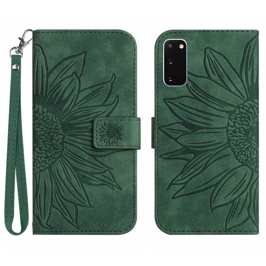 For Samsung Galaxy S20 4G / 5G HT04 Phone Case, Fully Wrapped Skin-Touch PU Leather Imprinted Sunflower Stand Wallet Cover with Hand Strap - Dark Green