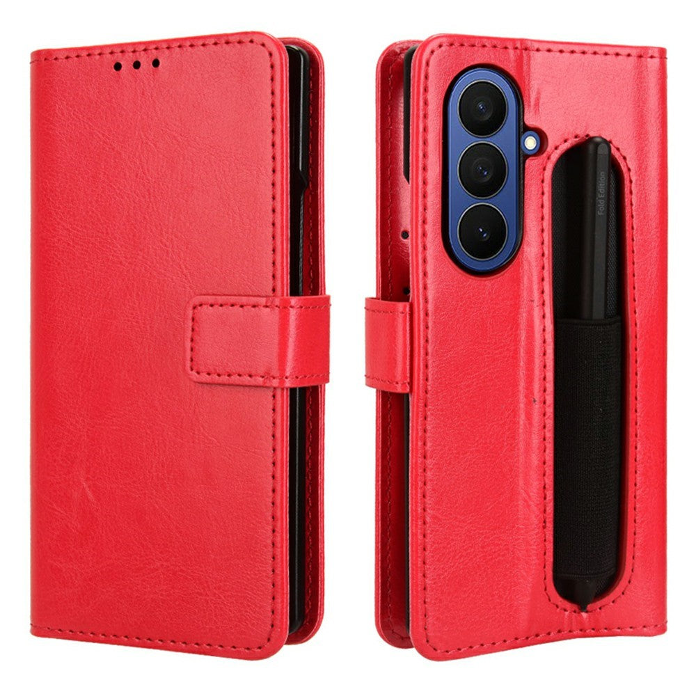 For Samsung Galaxy Z Fold7 5G Phone Case Pencil Slot Stand Leather Cover Crazy Horse Texture - Red