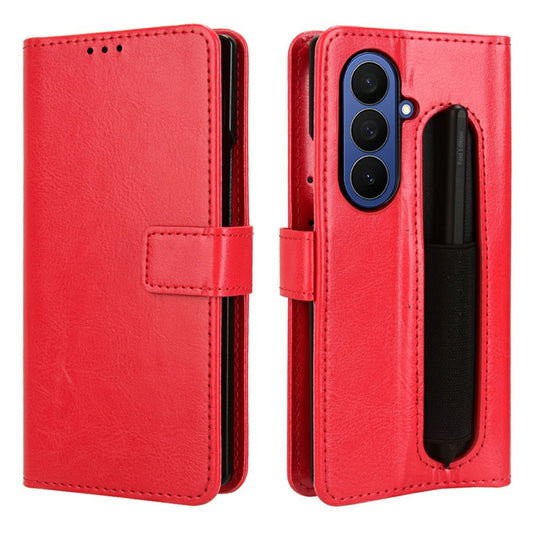 For Samsung Galaxy Z Fold7 5G Phone Case Pencil Slot Stand Leather Cover Crazy Horse Texture - Red