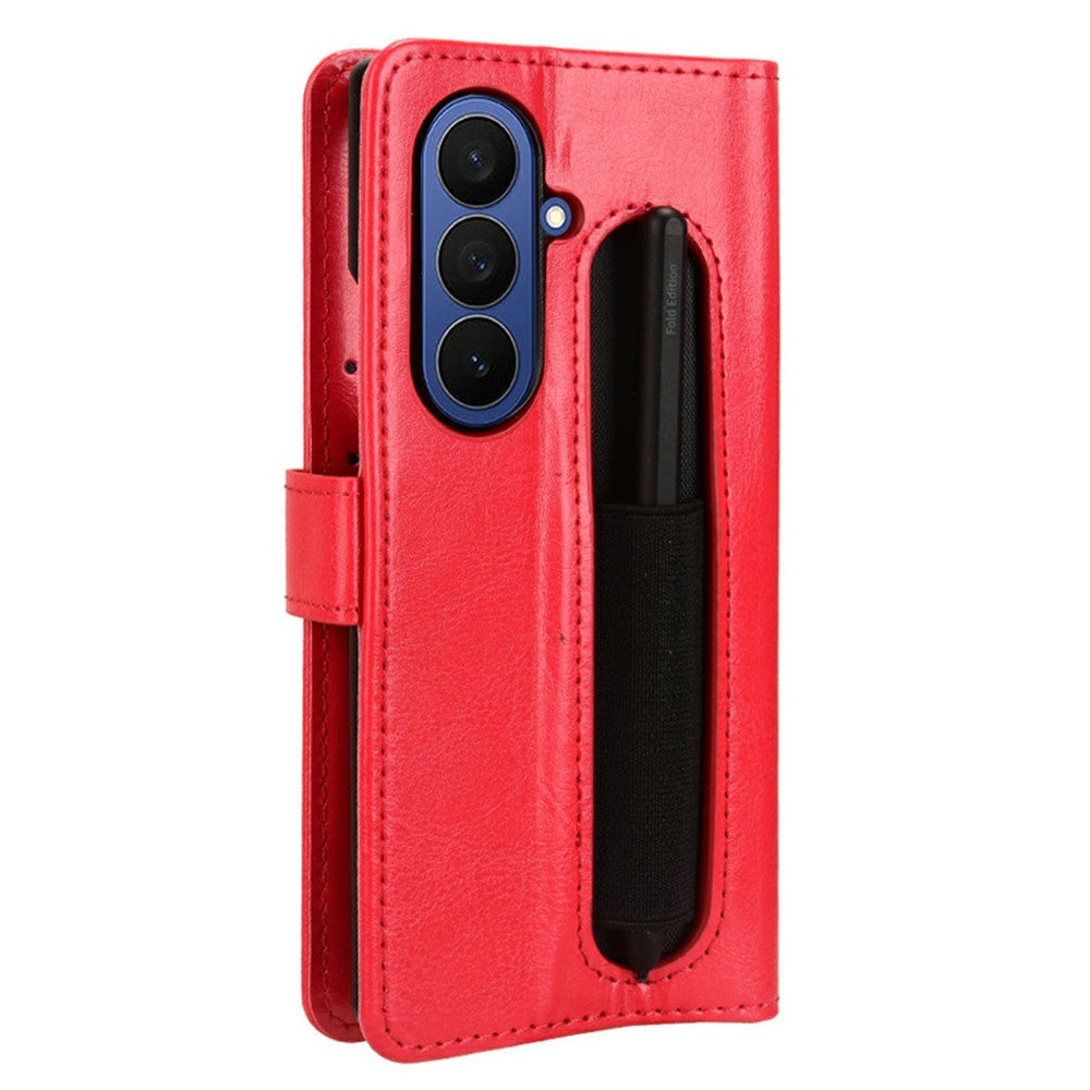 For Samsung Galaxy Z Fold7 5G Phone Case Pencil Slot Stand Leather Cover Crazy Horse Texture - Red