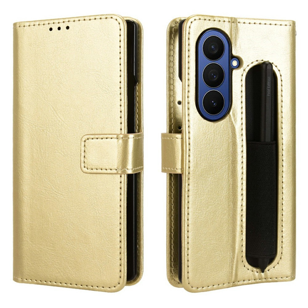 For Samsung Galaxy Z Fold7 5G Phone Case Pencil Slot Stand Leather Cover Crazy Horse Texture - Gold
