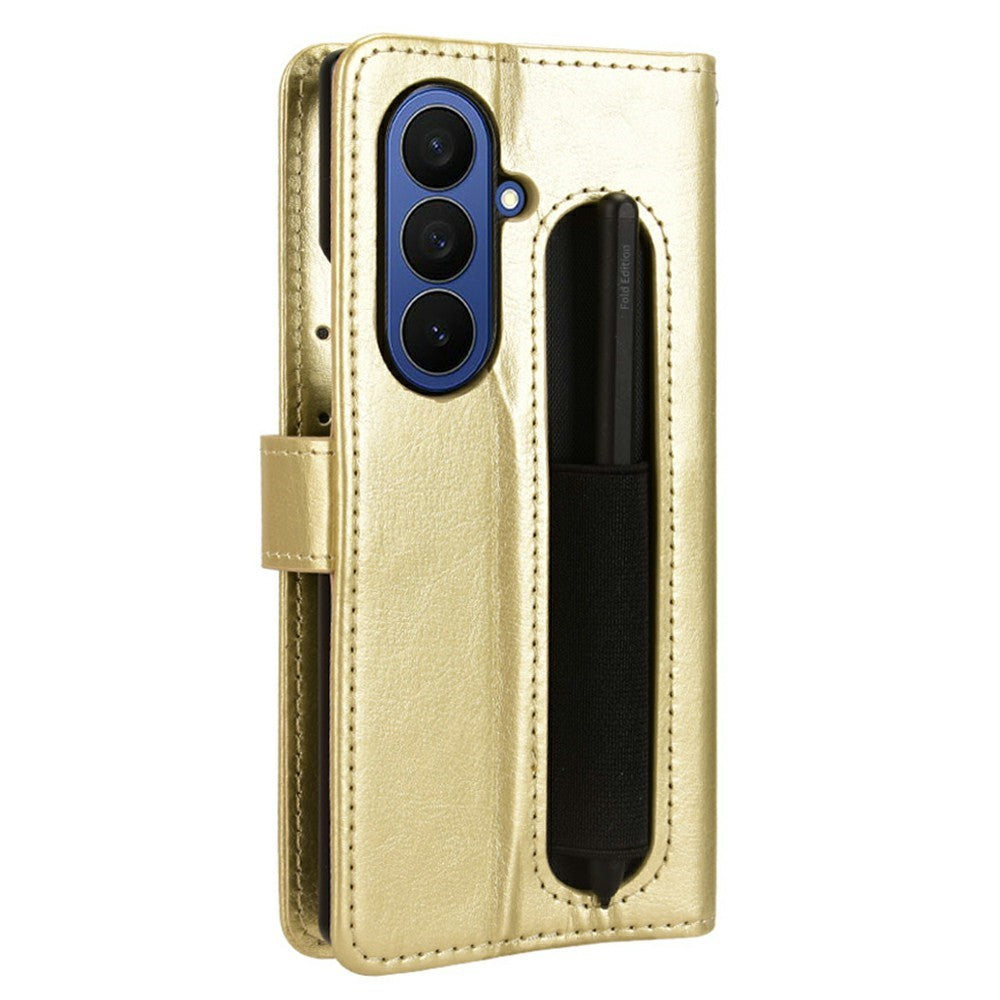 For Samsung Galaxy Z Fold7 5G Phone Case Pencil Slot Stand Leather Cover Crazy Horse Texture - Gold