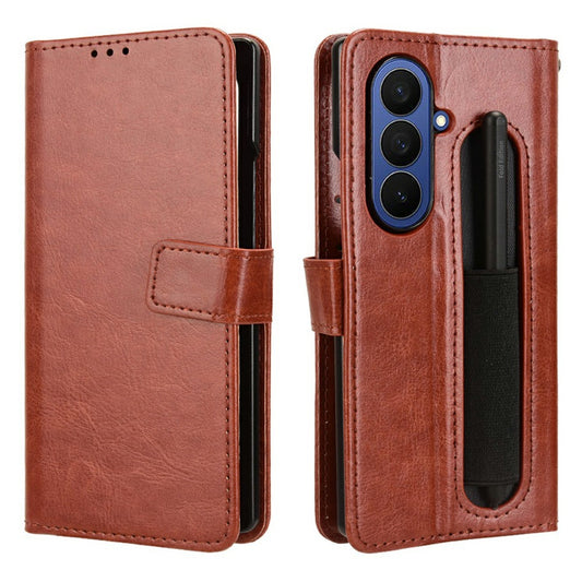 For Samsung Galaxy Z Fold7 5G Phone Case Pencil Slot Stand Leather Cover Crazy Horse Texture - Brown