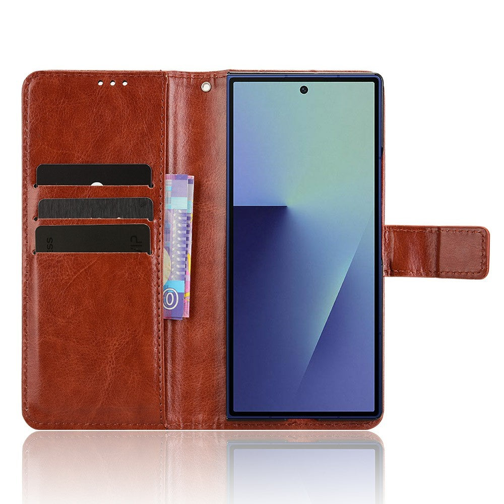 For Samsung Galaxy Z Fold7 5G Phone Case Pencil Slot Stand Leather Cover Crazy Horse Texture - Brown
