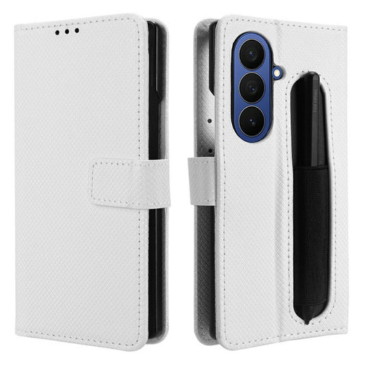 For Samsung Galaxy Z Fold7 5G Case with Pencil Holder, PU Leather Diamond Texture Wallet Phone Cover - White