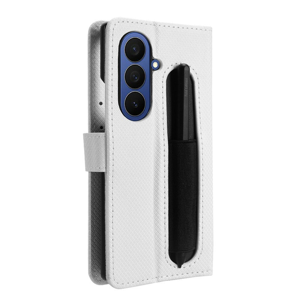 For Samsung Galaxy Z Fold7 5G Case with Pencil Holder, PU Leather Diamond Texture Wallet Phone Cover - White