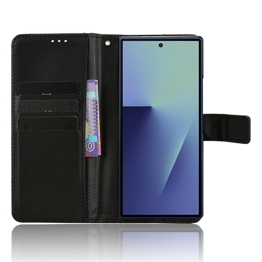 For Samsung Galaxy Z Fold7 5G Case with Pencil Holder, PU Leather Diamond Texture Wallet Phone Cover - Black