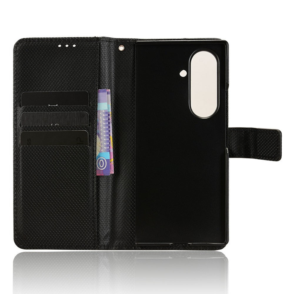 For Samsung Galaxy Z Fold7 5G Case with Pencil Holder, PU Leather Diamond Texture Wallet Phone Cover - Black