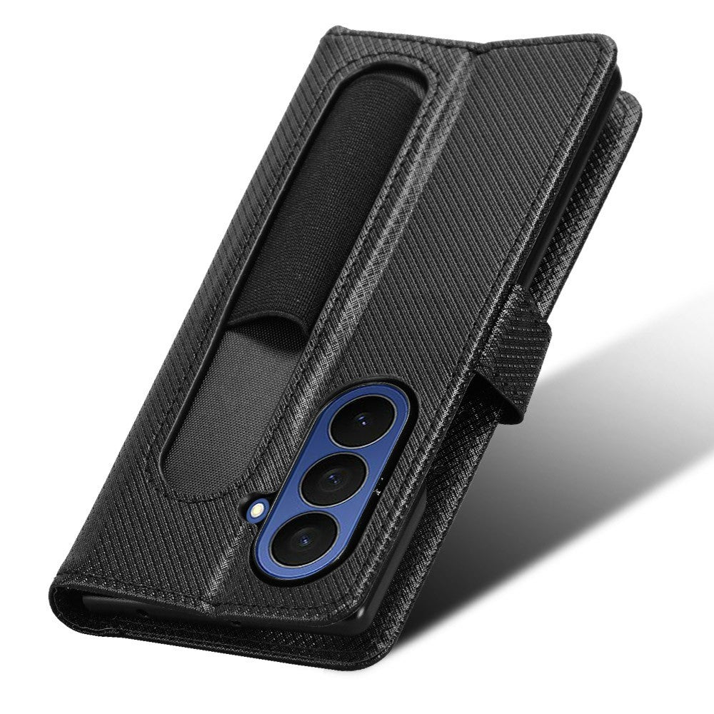 For Samsung Galaxy Z Fold7 5G Case with Pencil Holder, PU Leather Diamond Texture Wallet Phone Cover - Black