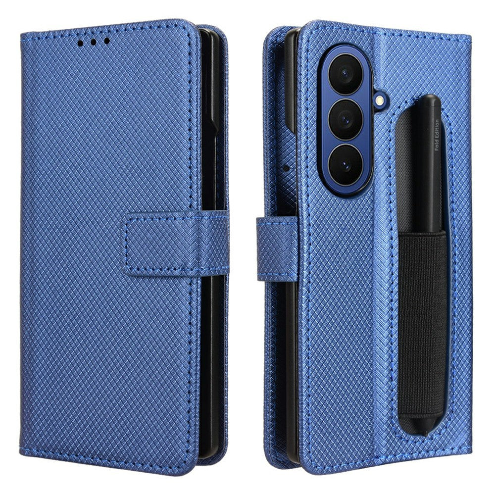 For Samsung Galaxy Z Fold7 5G Case with Pencil Holder, PU Leather Diamond Texture Wallet Phone Cover - Blue
