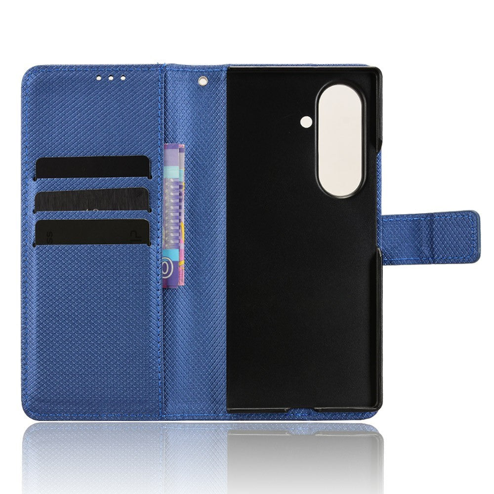 For Samsung Galaxy Z Fold7 5G Case with Pencil Holder, PU Leather Diamond Texture Wallet Phone Cover - Blue