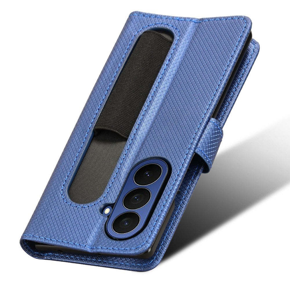 For Samsung Galaxy Z Fold7 5G Case with Pencil Holder, PU Leather Diamond Texture Wallet Phone Cover - Blue