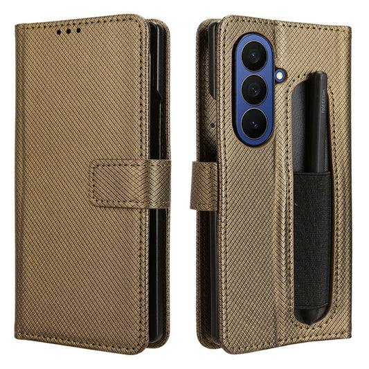 For Samsung Galaxy Z Fold7 5G Case with Pencil Holder, PU Leather Diamond Texture Wallet Phone Cover - Brown