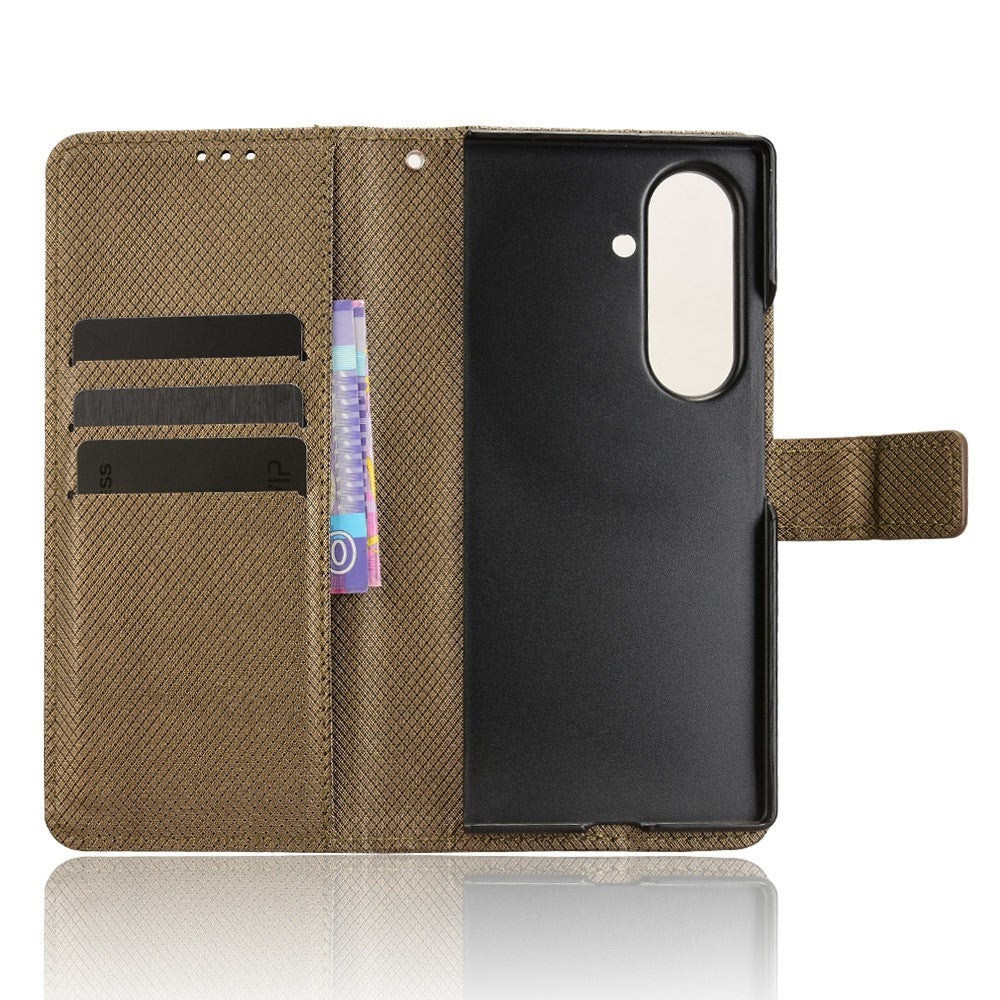 For Samsung Galaxy Z Fold7 5G Case with Pencil Holder, PU Leather Diamond Texture Wallet Phone Cover - Brown