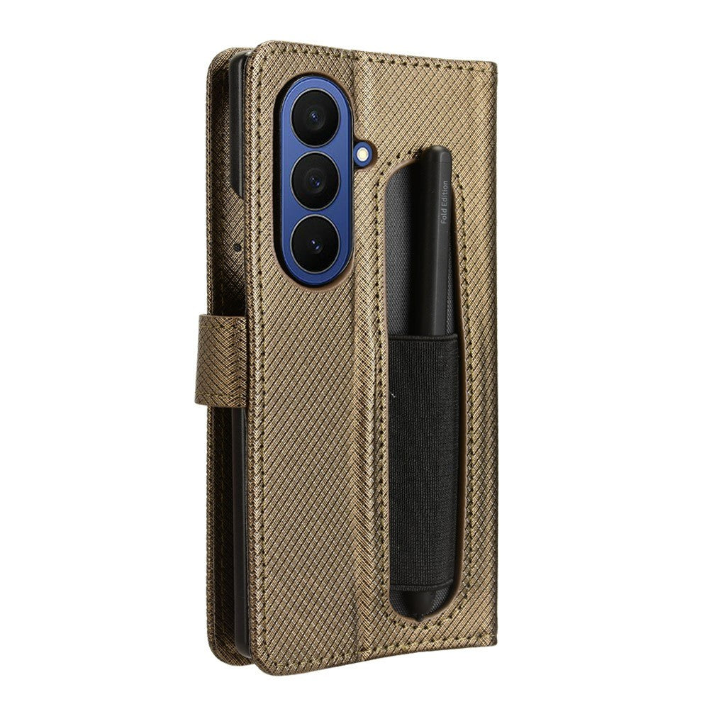 For Samsung Galaxy Z Fold7 5G Case with Pencil Holder, PU Leather Diamond Texture Wallet Phone Cover - Brown