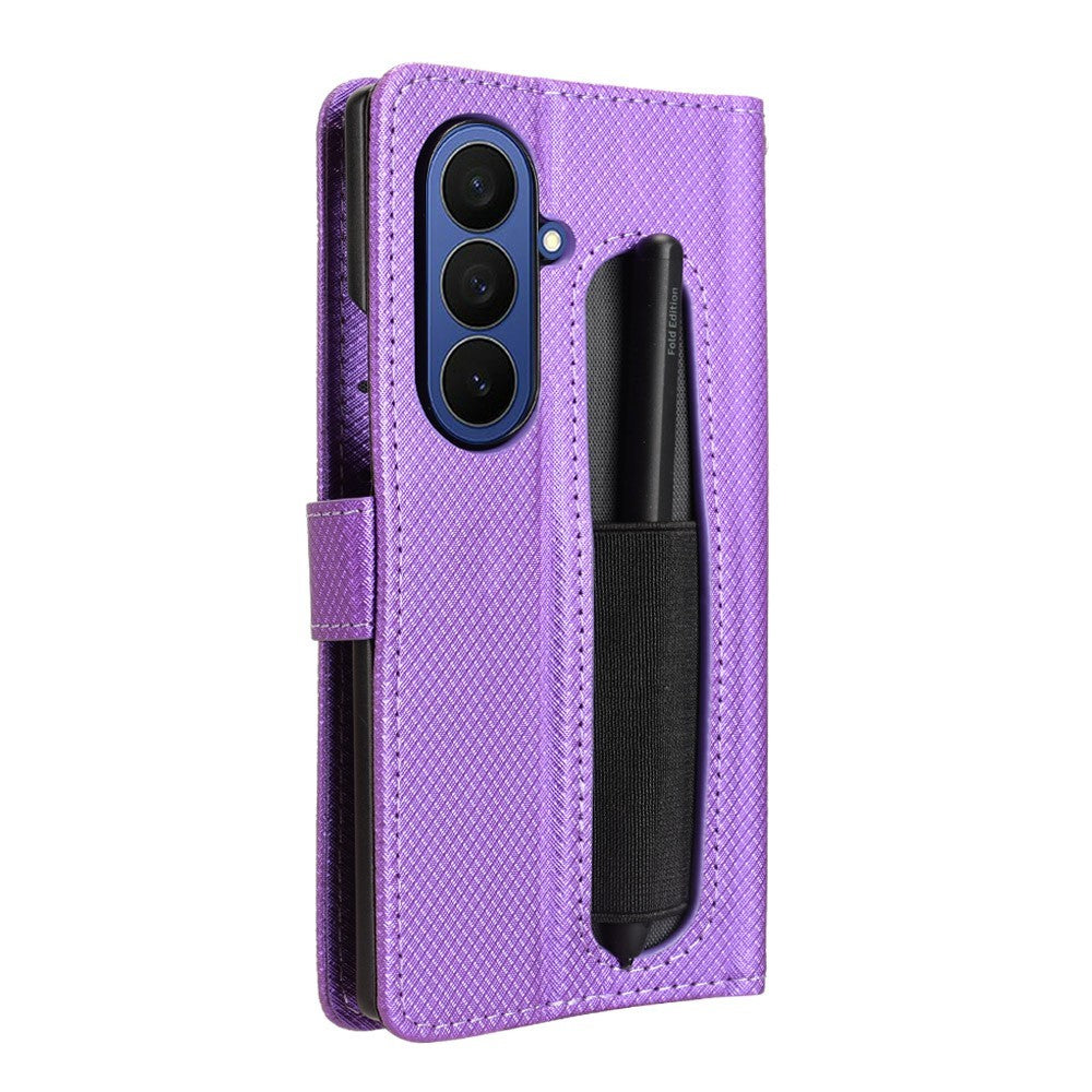For Samsung Galaxy Z Fold7 5G Case with Pencil Holder, PU Leather Diamond Texture Wallet Phone Cover - Purple