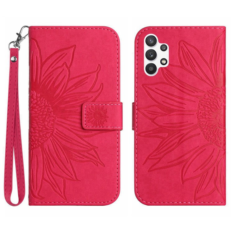 For Samsung Galaxy A32 4G (EU Version) HT04 Skin-Touch PU Leather Full Protection Wallet Case Imprinted Sunflower Adjustable Stand Cover with Hand Strap - Rose