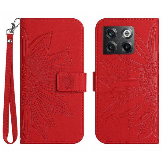 For OnePlus 10T 5G / Ace Pro 5G HT04 Sunflower Imprinted PU Leather Wallet Cover Skin-Touch Flip Stand Phone Drop-proof Case with Hand Strap - Red