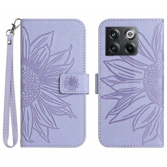 For OnePlus 10T 5G / Ace Pro 5G HT04 Sunflower Imprinted PU Leather Wallet Cover Skin-Touch Flip Stand Phone Drop-proof Case with Hand Strap - Light Purple