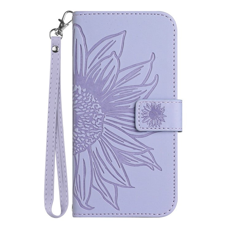 For OnePlus 10T 5G / Ace Pro 5G HT04 Sunflower Imprinted PU Leather Wallet Cover Skin-Touch Flip Stand Phone Drop-proof Case with Hand Strap - Light Purple