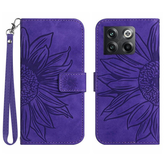 For OnePlus 10T 5G / Ace Pro 5G HT04 Sunflower Imprinted PU Leather Wallet Cover Skin-Touch Flip Stand Phone Drop-proof Case with Hand Strap - Dark Purple