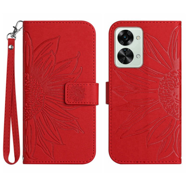 For OnePlus Nord 2T 5G HT04 Skin-Touch Imprinted Sunflower Phone Shockproof Case PU Leather Foldable Stand Wallet Cover with Hand Strap - Red