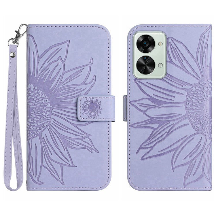 For OnePlus Nord 2T 5G HT04 Skin-Touch Imprinted Sunflower Phone Shockproof Case PU Leather Foldable Stand Wallet Cover with Hand Strap - Light Purple