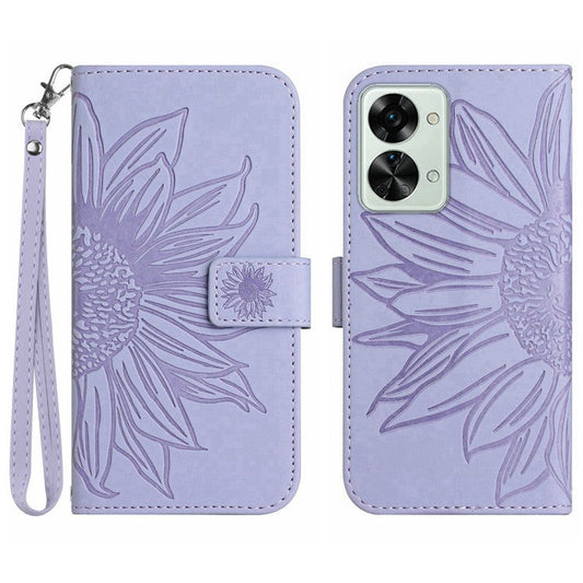 For OnePlus Nord 2T 5G HT04 Skin-Touch Imprinted Sunflower Phone Shockproof Case PU Leather Foldable Stand Wallet Cover with Hand Strap - Light Purple