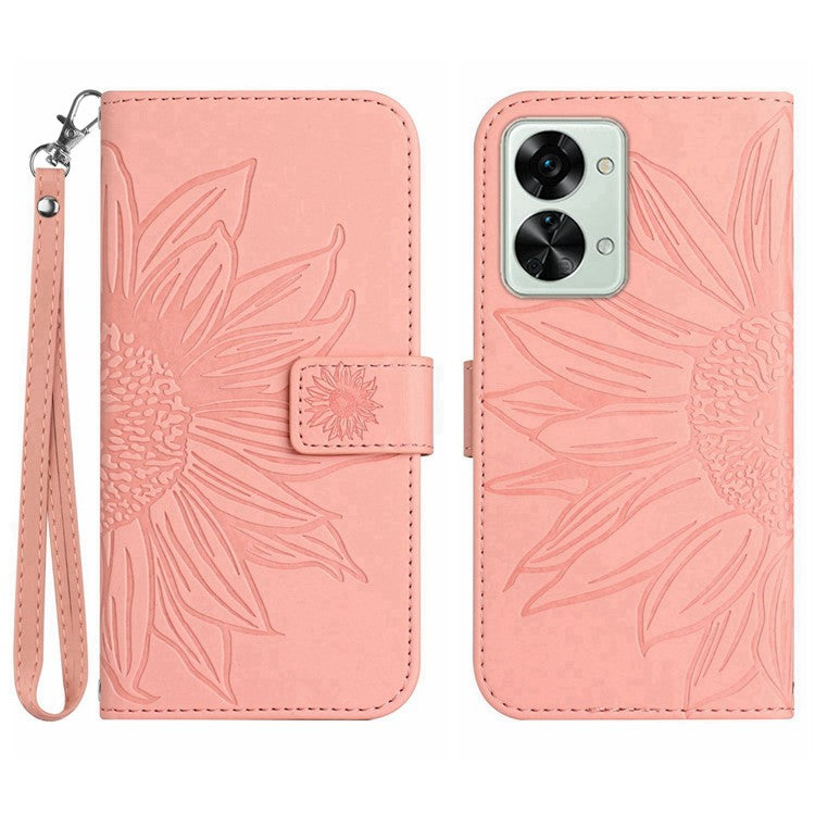 For OnePlus Nord 2T 5G HT04 Skin-Touch Imprinted Sunflower Phone Shockproof Case PU Leather Foldable Stand Wallet Cover with Hand Strap - Light Pink
