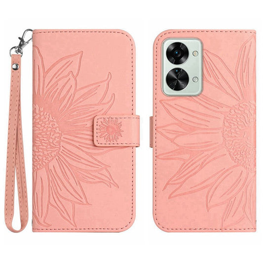 For OnePlus Nord 2T 5G HT04 Skin-Touch Imprinted Sunflower Phone Shockproof Case PU Leather Foldable Stand Wallet Cover with Hand Strap - Light Pink