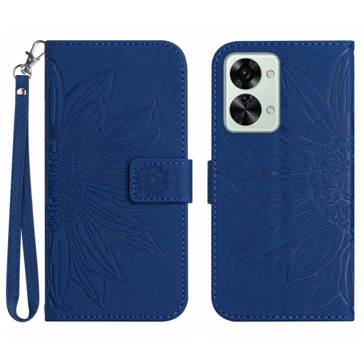 For OnePlus Nord 2T 5G HT04 Skin-Touch Imprinted Sunflower Phone Shockproof Case PU Leather Foldable Stand Wallet Cover with Hand Strap - Sapphire