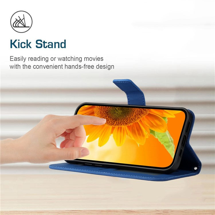 For OnePlus Nord 2T 5G HT04 Skin-Touch Imprinted Sunflower Phone Shockproof Case PU Leather Foldable Stand Wallet Cover with Hand Strap - Sapphire