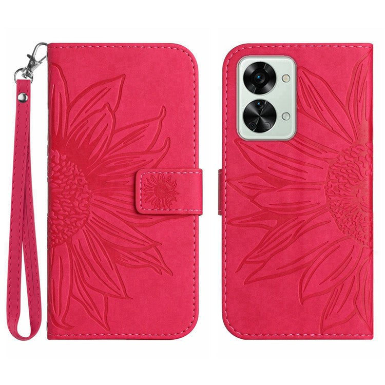 For OnePlus Nord 2T 5G HT04 Skin-Touch Imprinted Sunflower Phone Shockproof Case PU Leather Foldable Stand Wallet Cover with Hand Strap - Rose