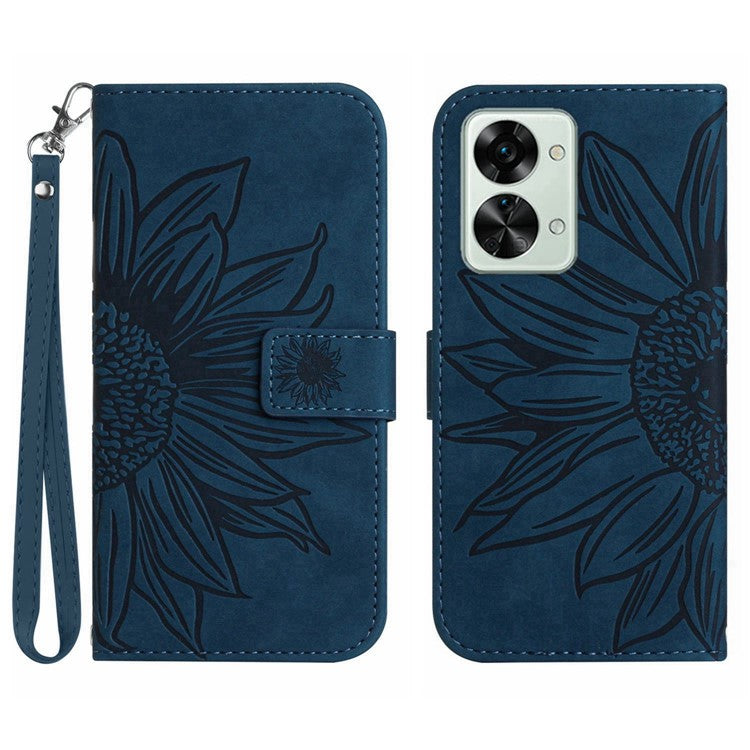 For OnePlus Nord 2T 5G HT04 Skin-Touch Imprinted Sunflower Phone Shockproof Case PU Leather Foldable Stand Wallet Cover with Hand Strap - Dark Blue