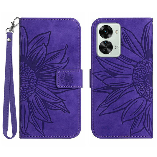 For OnePlus Nord 2T 5G HT04 Skin-Touch Imprinted Sunflower Phone Shockproof Case PU Leather Foldable Stand Wallet Cover with Hand Strap - Dark Purple