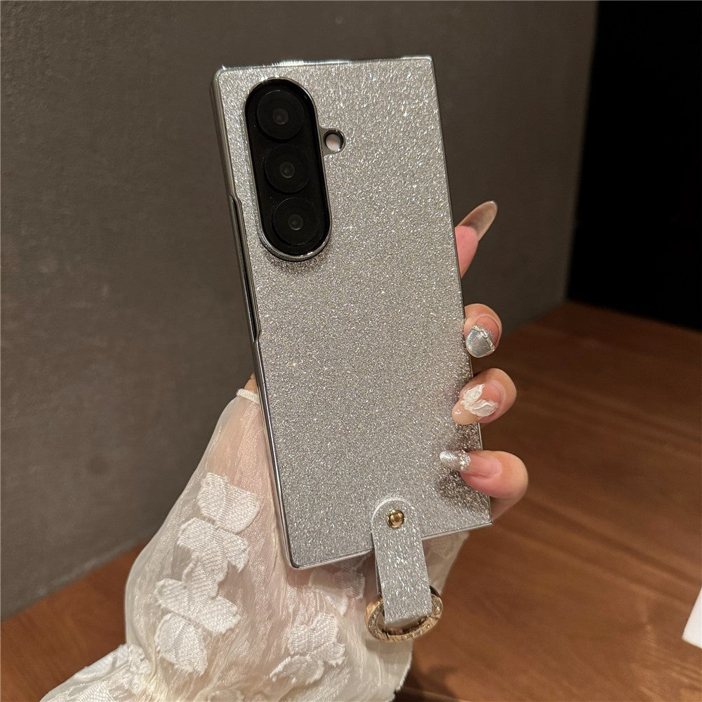 For Samsung Galaxy Z Fold7 5G Case Electroplated Glitter PU Leather + PC Protective Cover with Portable Ring Strap - Silver