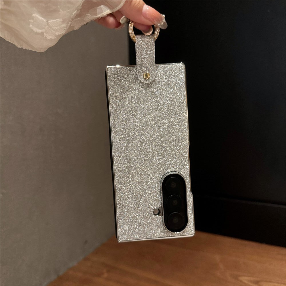 For Samsung Galaxy Z Fold7 5G Case Electroplated Glitter PU Leather + PC Protective Cover with Portable Ring Strap - Silver