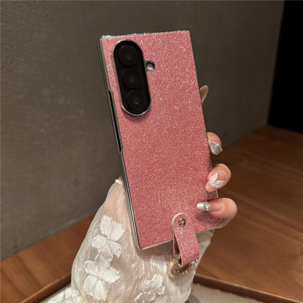 For Samsung Galaxy Z Fold7 5G Case Electroplated Glitter PU Leather + PC Protective Cover with Portable Ring Strap - Pink