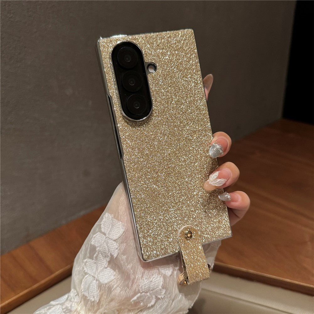 For Samsung Galaxy Z Fold7 5G Case Electroplated Glitter PU Leather + PC Protective Cover with Portable Ring Strap - Gold