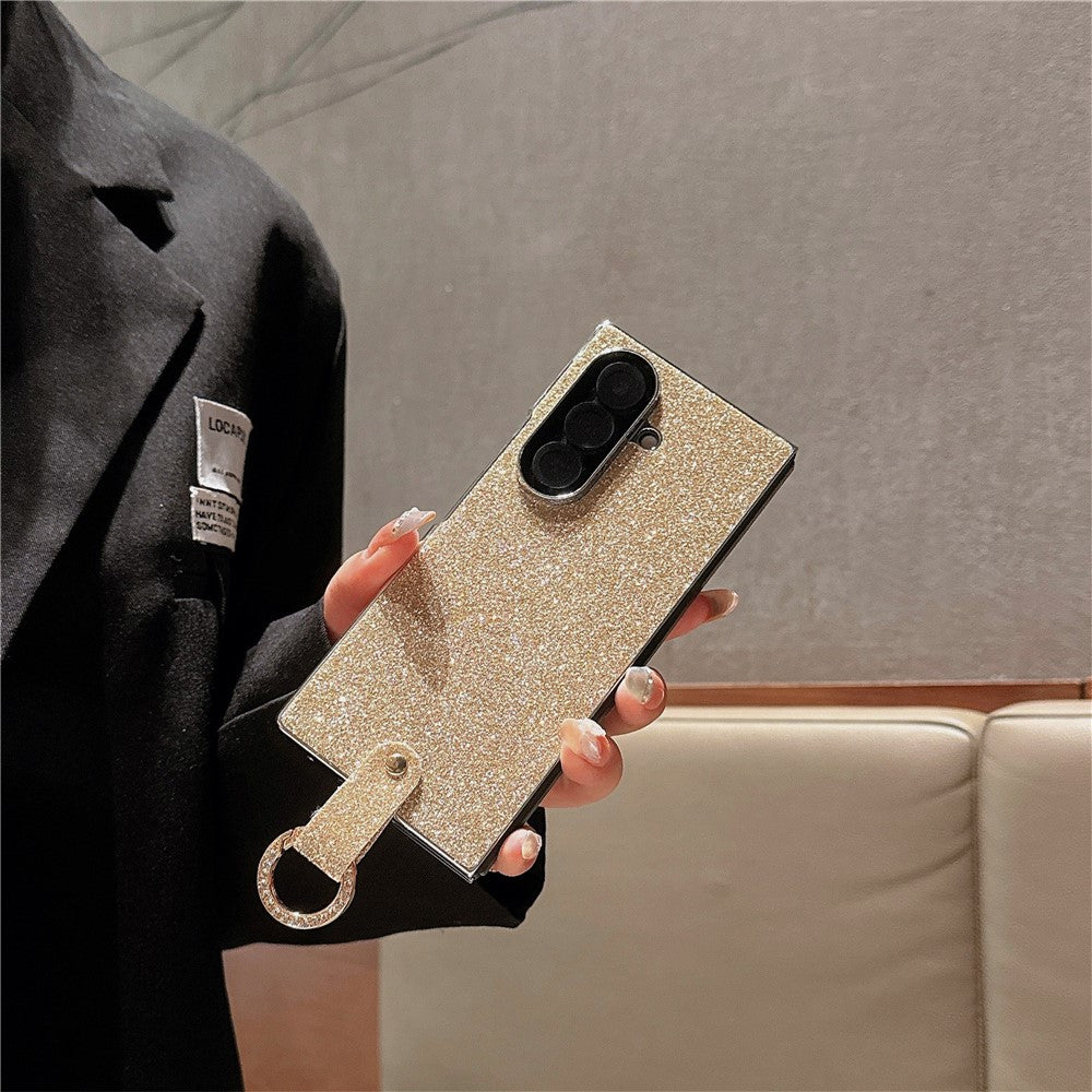 For Samsung Galaxy Z Fold7 5G Case Electroplated Glitter PU Leather + PC Protective Cover with Portable Ring Strap - Gold