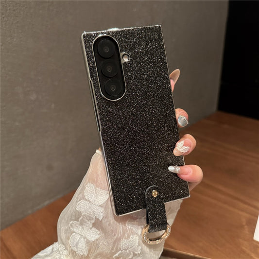 For Samsung Galaxy Z Fold7 5G Case Electroplated Glitter PU Leather + PC Protective Cover with Portable Ring Strap - Black