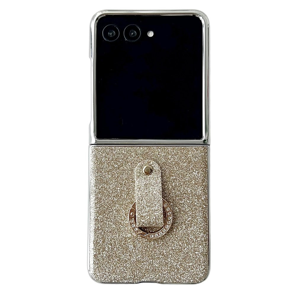 For Samsung Galaxy Z Flip7 5G Case Electroplated Glitter PU Leather + PC Protective Cover with Portable Ring Strap - Gold