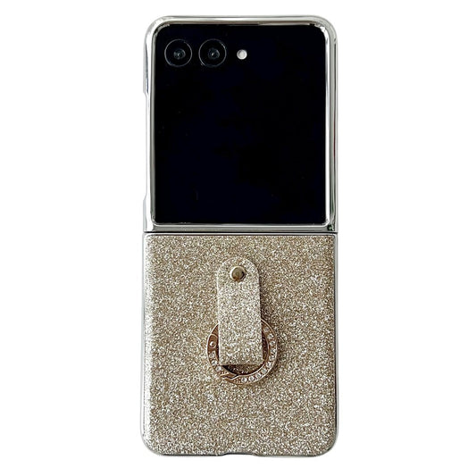 For Samsung Galaxy Z Flip7 5G Case Electroplated Glitter PU Leather + PC Protective Cover with Portable Ring Strap - Gold
