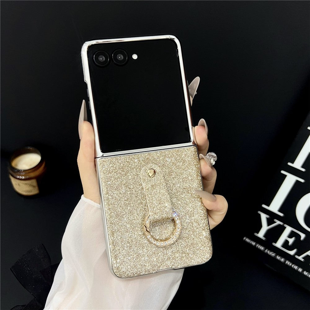 For Samsung Galaxy Z Flip7 5G Case Electroplated Glitter PU Leather + PC Protective Cover with Portable Ring Strap - Gold