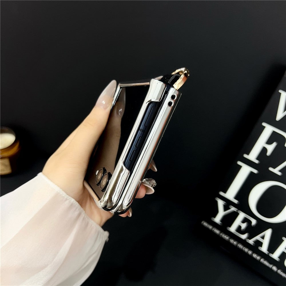 For Samsung Galaxy Z Flip7 5G Case Electroplated Glitter PU Leather + PC Protective Cover with Portable Ring Strap - Gold